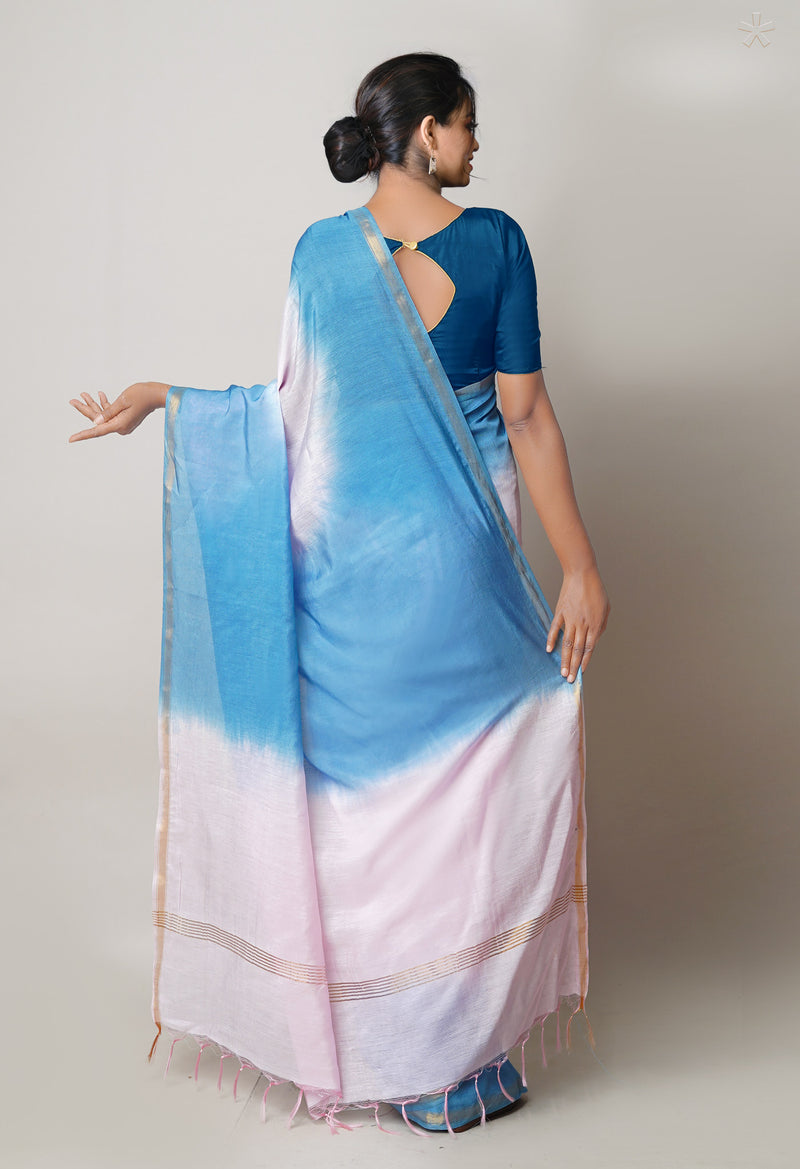 Pink-Blue  Plain Chanderi Sico Saree-UNM73654