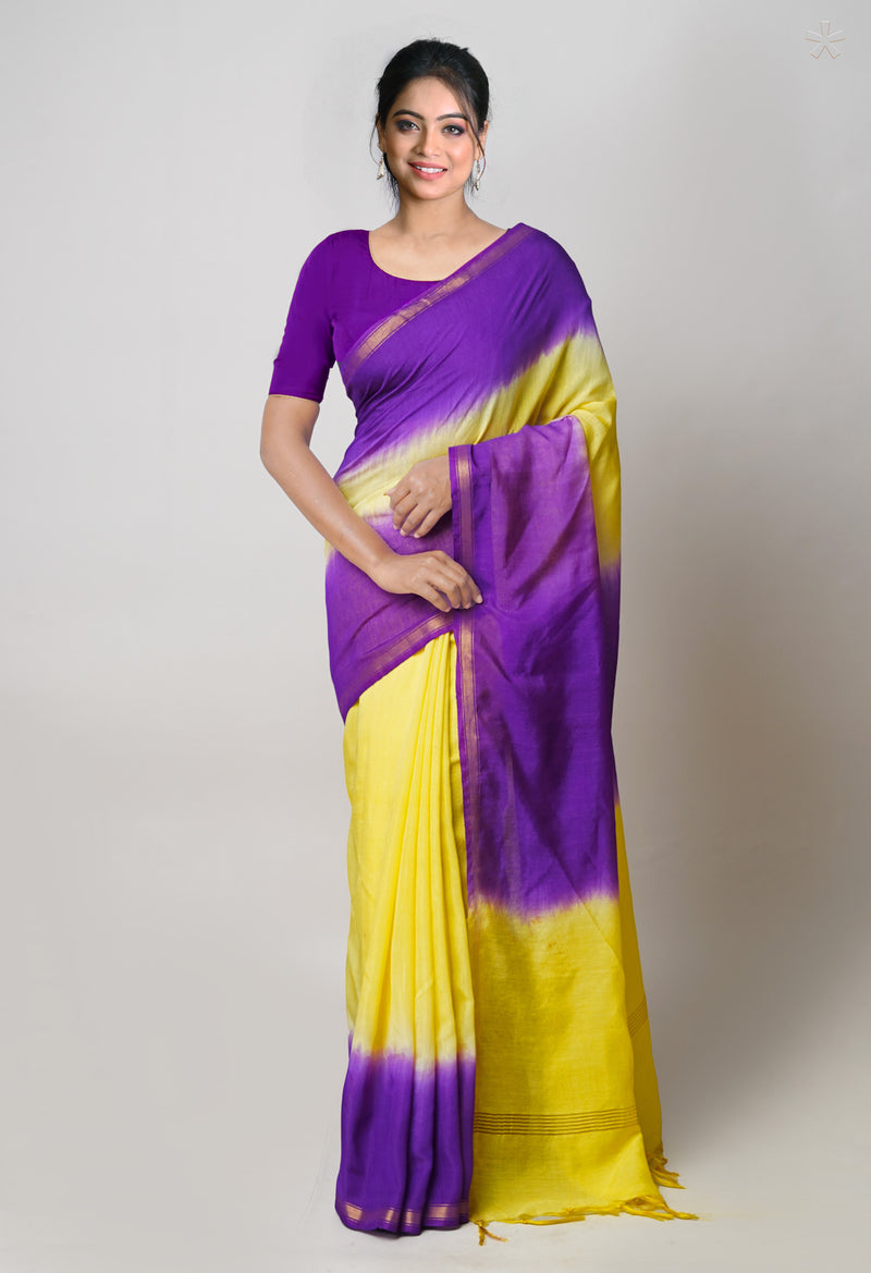 Violet-Yellow  Plain Chanderi Sico Saree-UNM73655