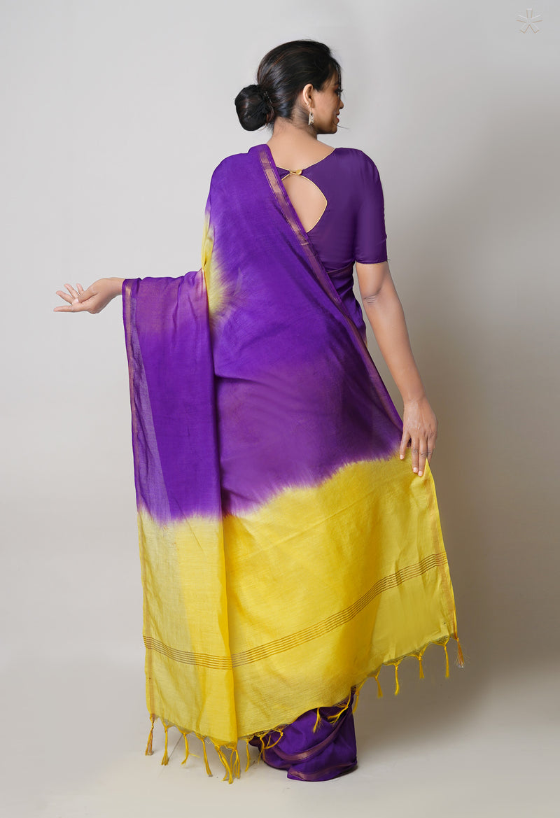 Violet-Yellow  Plain Chanderi Sico Saree-UNM73655