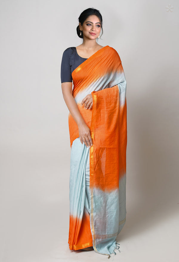 Blue-Orange  Plain Chanderi Sico Saree-UNM73657