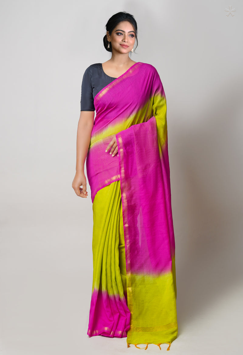 Pink-Green  Plain Chanderi Sico Saree-UNM73659
