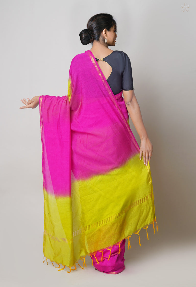 Pink-Green  Plain Chanderi Sico Saree-UNM73659