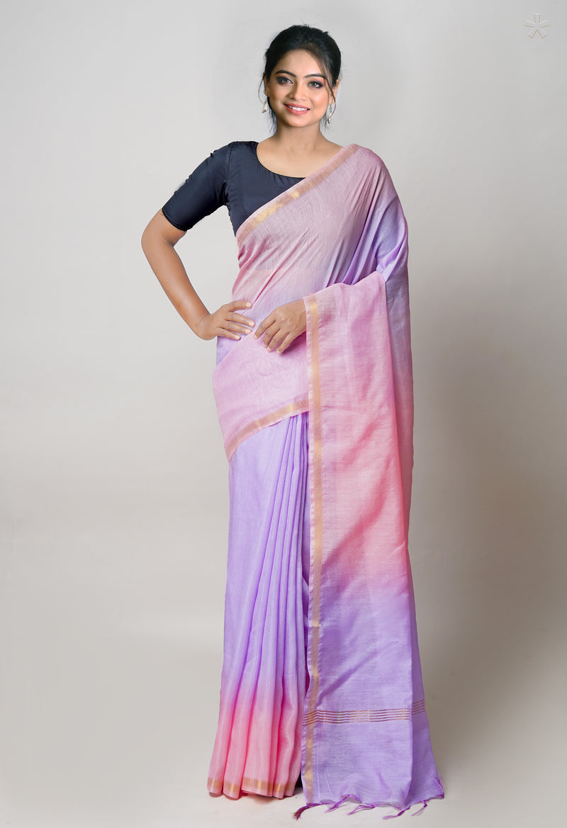 Peach Pink-Lavender Plain Chanderi Sico Saree-UNM73660