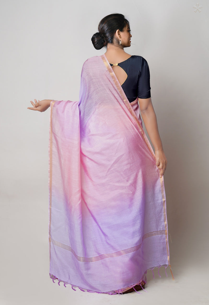 Peach Pink-Lavender Plain Chanderi Sico Saree-UNM73660
