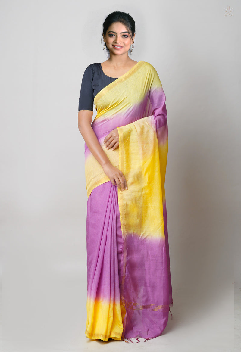 Yellow-Purple  Plain Chanderi Sico Saree-UNM73662