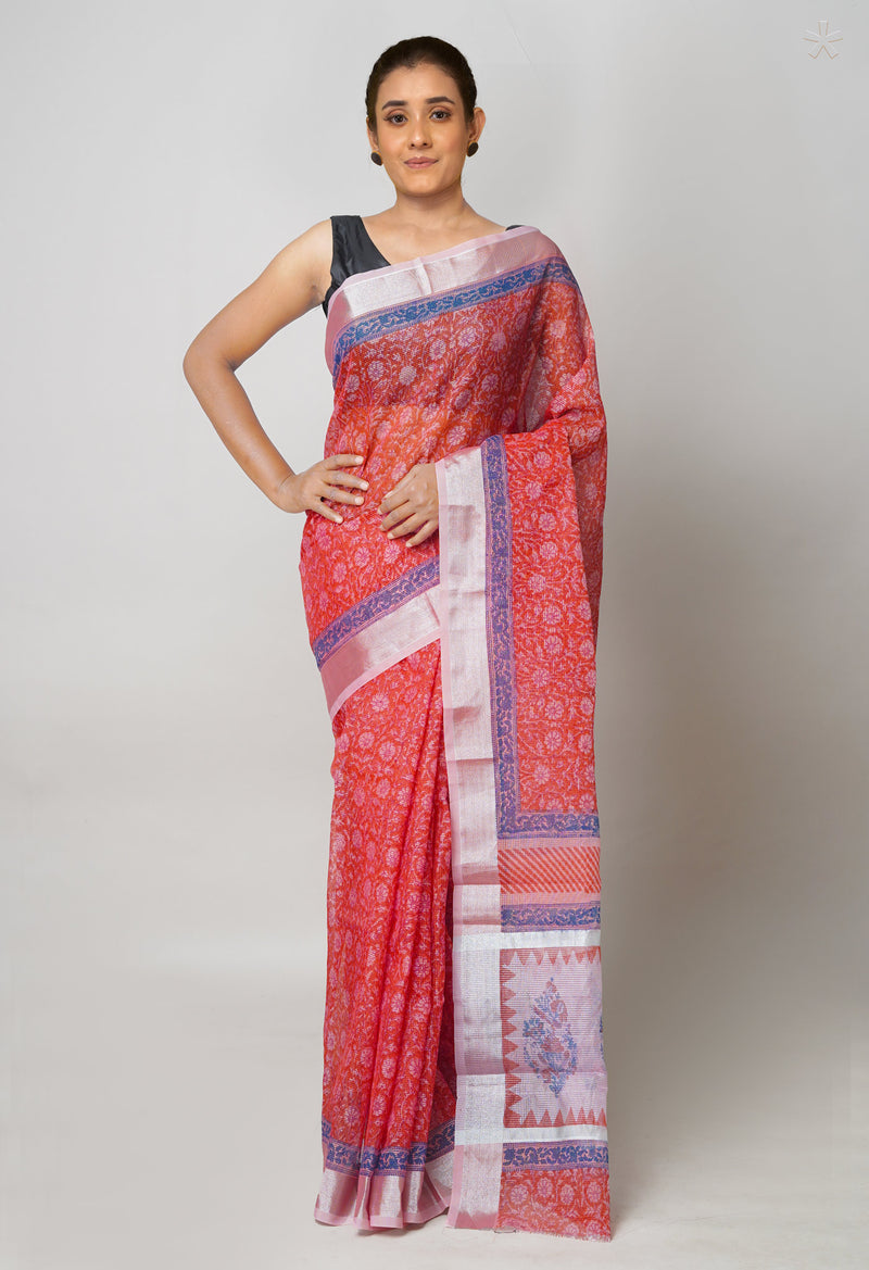 Brick Red Pure  Block Printed Kota Cotton Saree-UNM73664