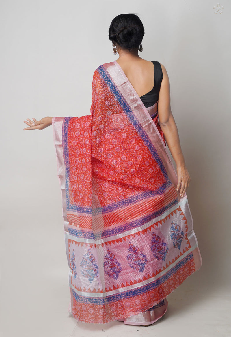 Brick Red Pure  Block Printed Kota Cotton Saree-UNM73664