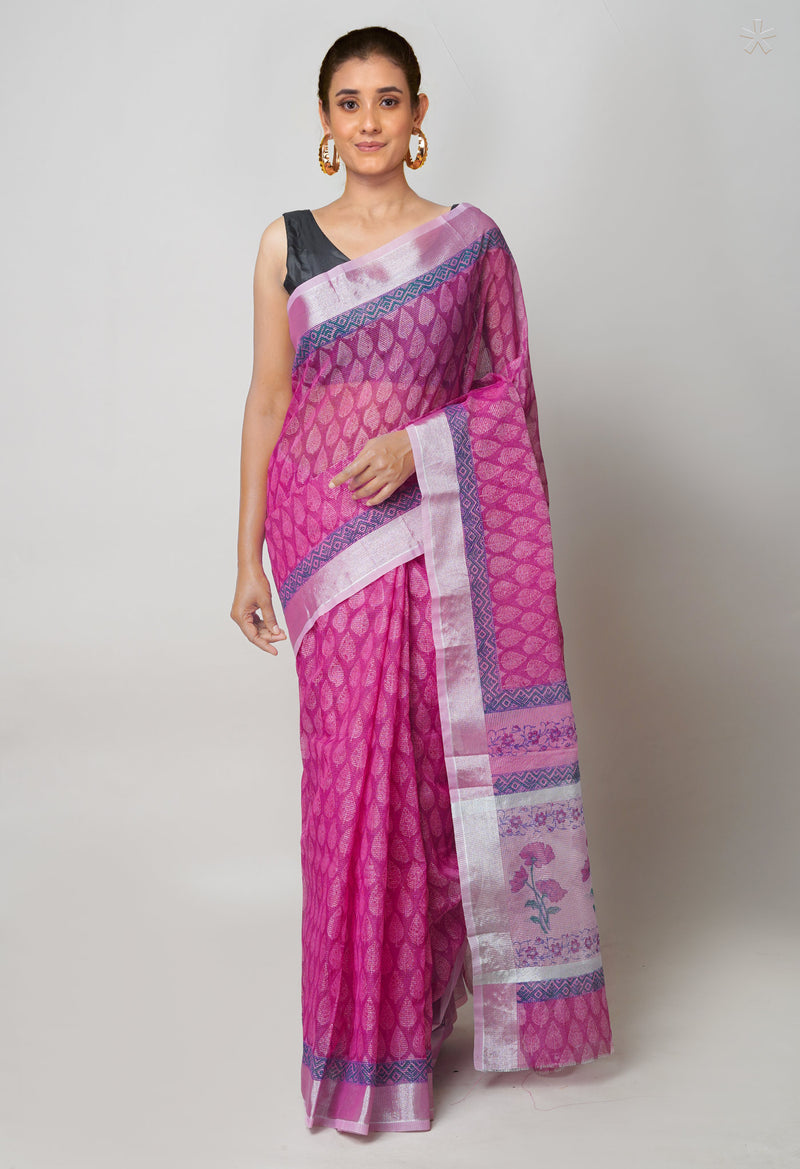 Pink Pure  Block Printed Kota Cotton Saree-UNM73667