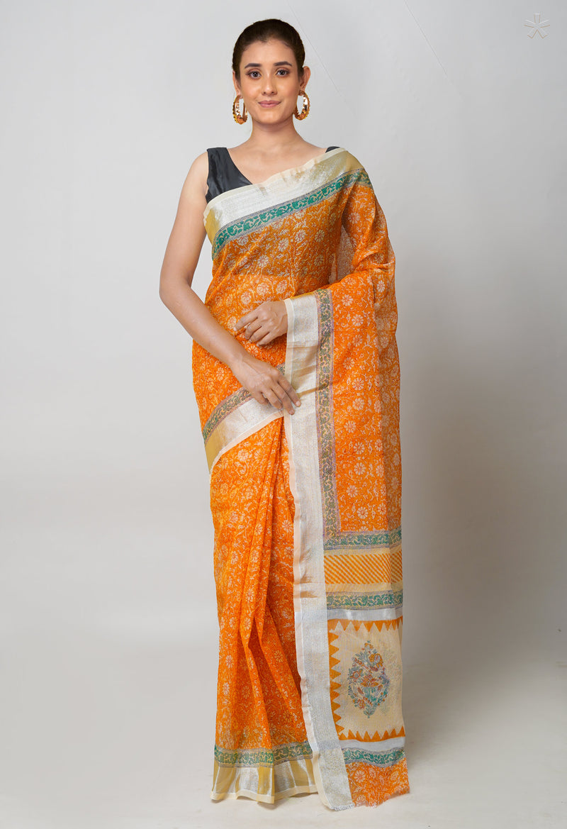 Orange Pure  Block Printed Kota Cotton Saree-UNM73668