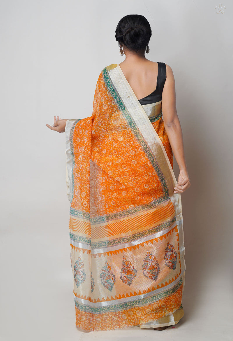 Orange Pure  Block Printed Kota Cotton Saree-UNM73668