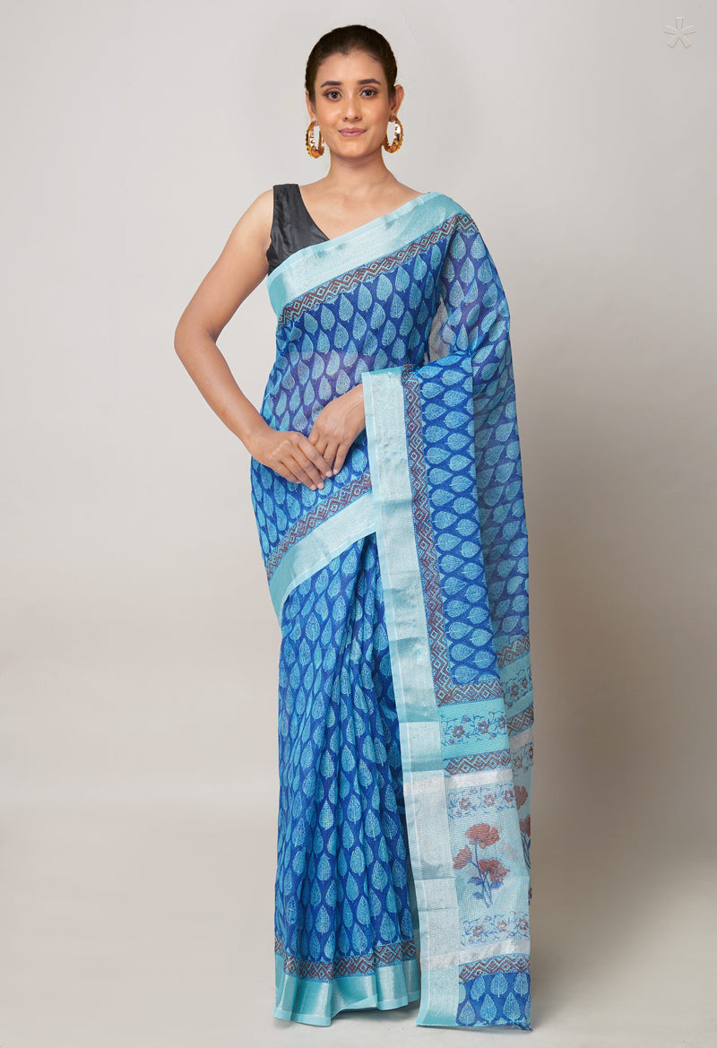 Blue Pure  Block Printed Kota Cotton Saree-UNM73672
