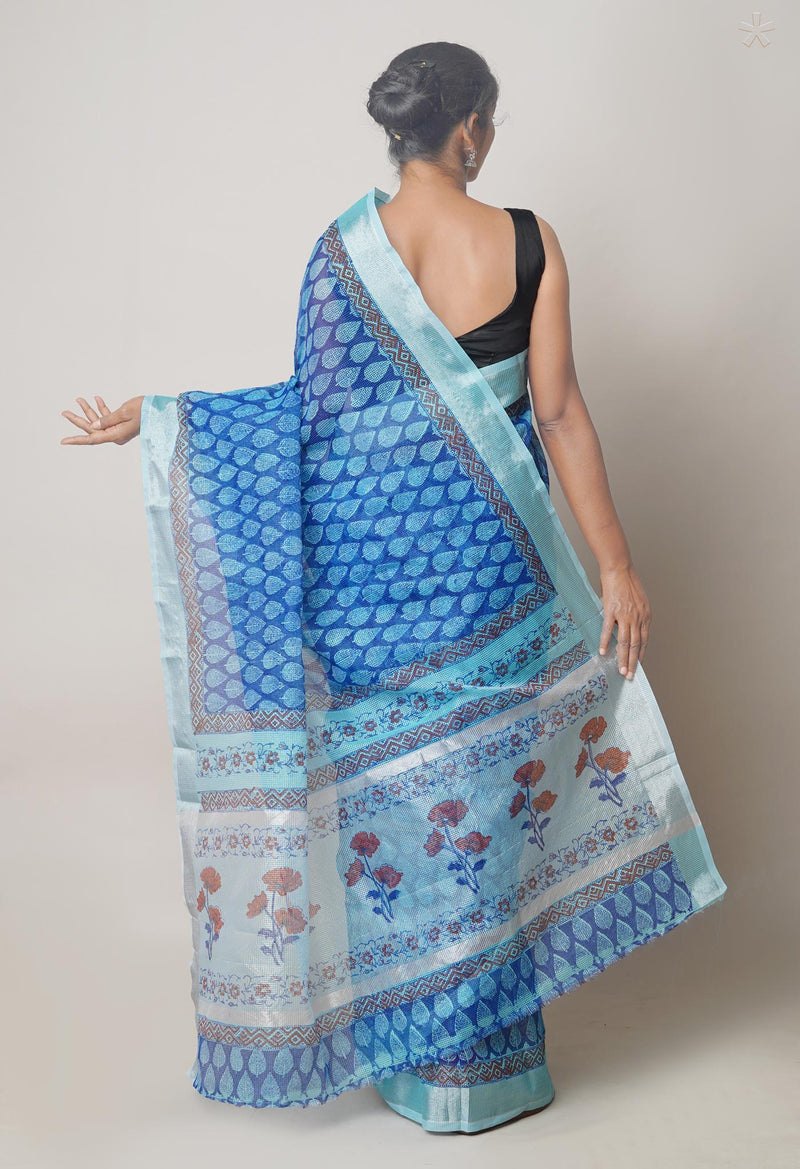 Blue Pure  Block Printed Kota Cotton Saree-UNM73672