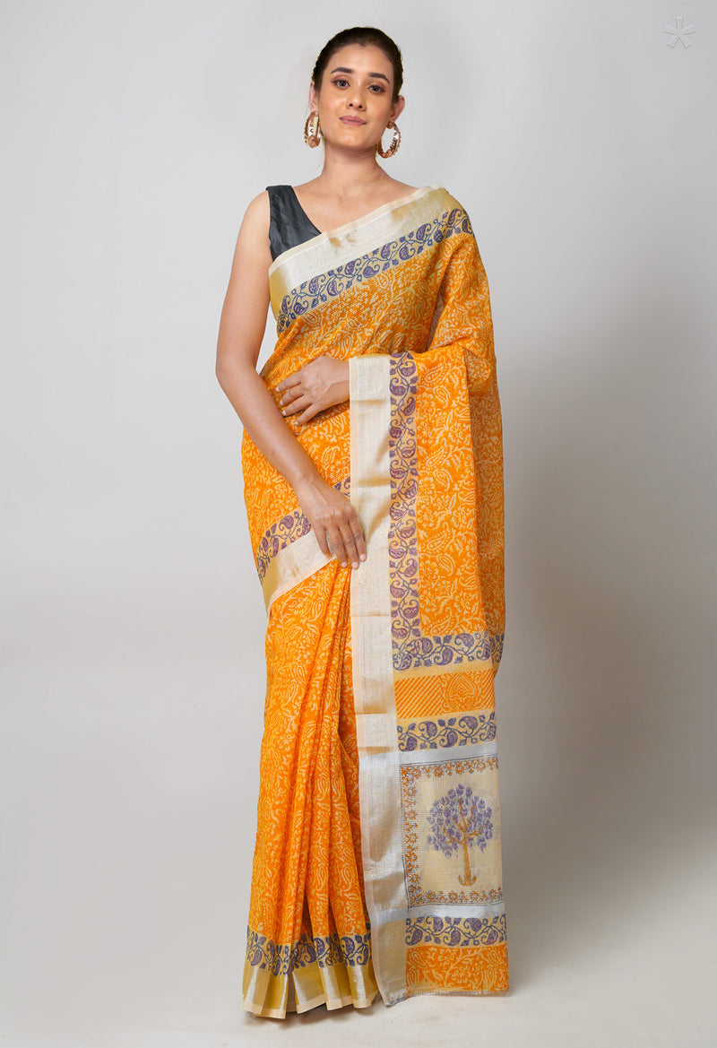 Orange Pure  Block Printed Kota Cotton Saree-UNM73673