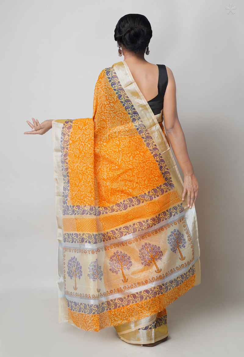 Orange Pure  Block Printed Kota Cotton Saree-UNM73673