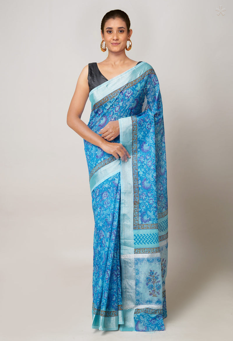 Blue Pure  Block Printed Kota Cotton Saree-UNM73674