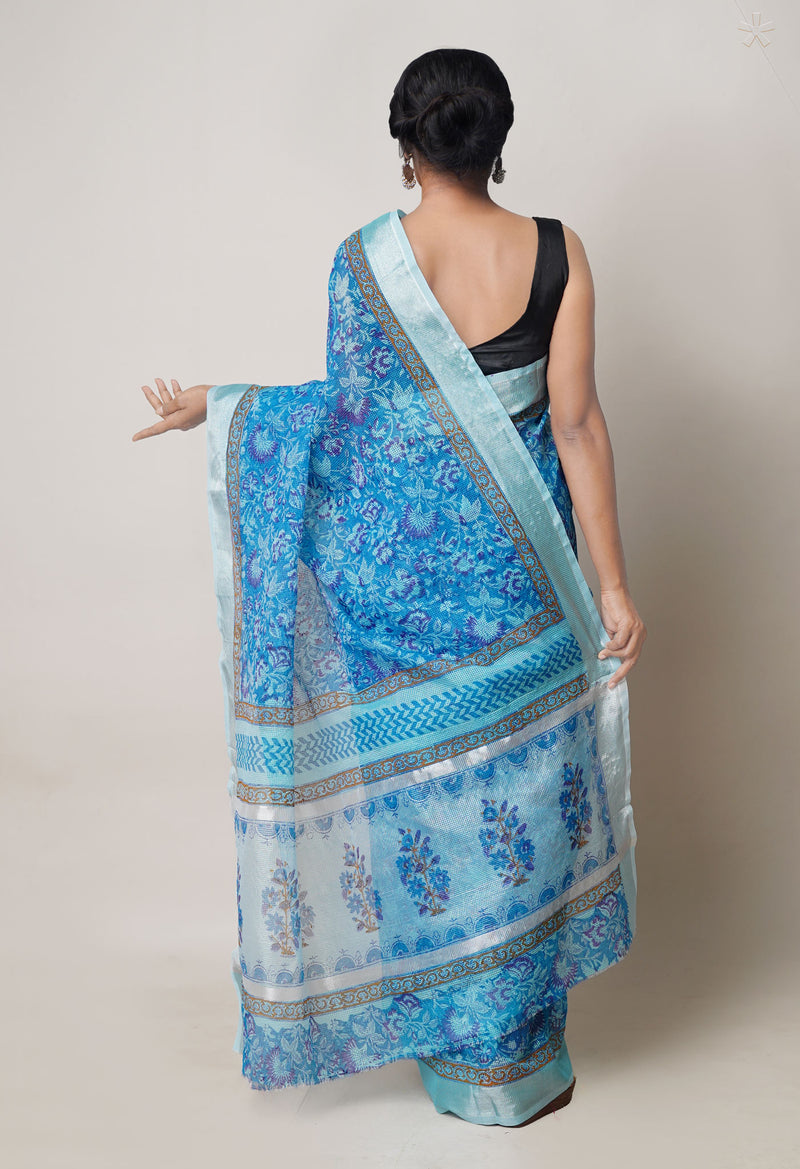 Blue Pure  Block Printed Kota Cotton Saree-UNM73674