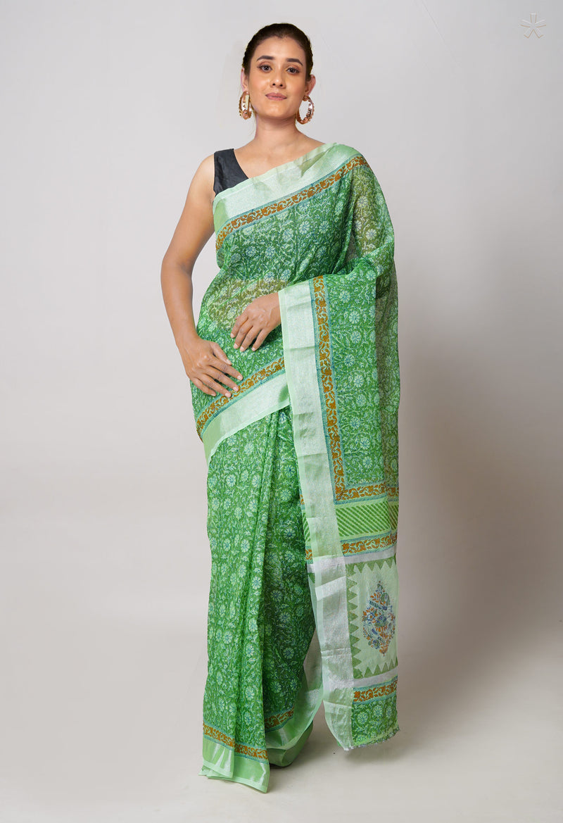 Green Pure  Block Printed Kota Cotton Saree-UNM73676