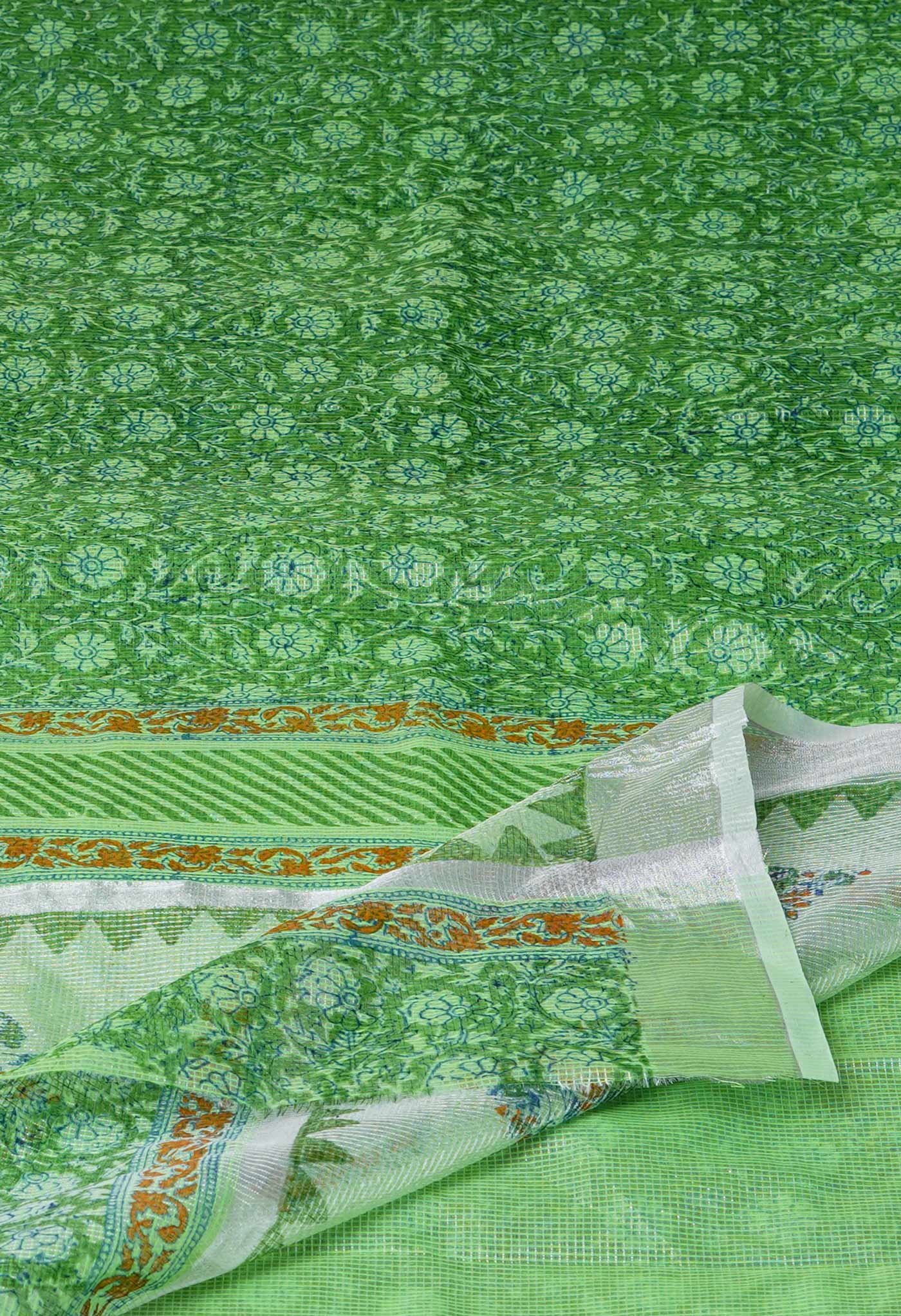 Green Pure Block Printed Kota Cotton Saree