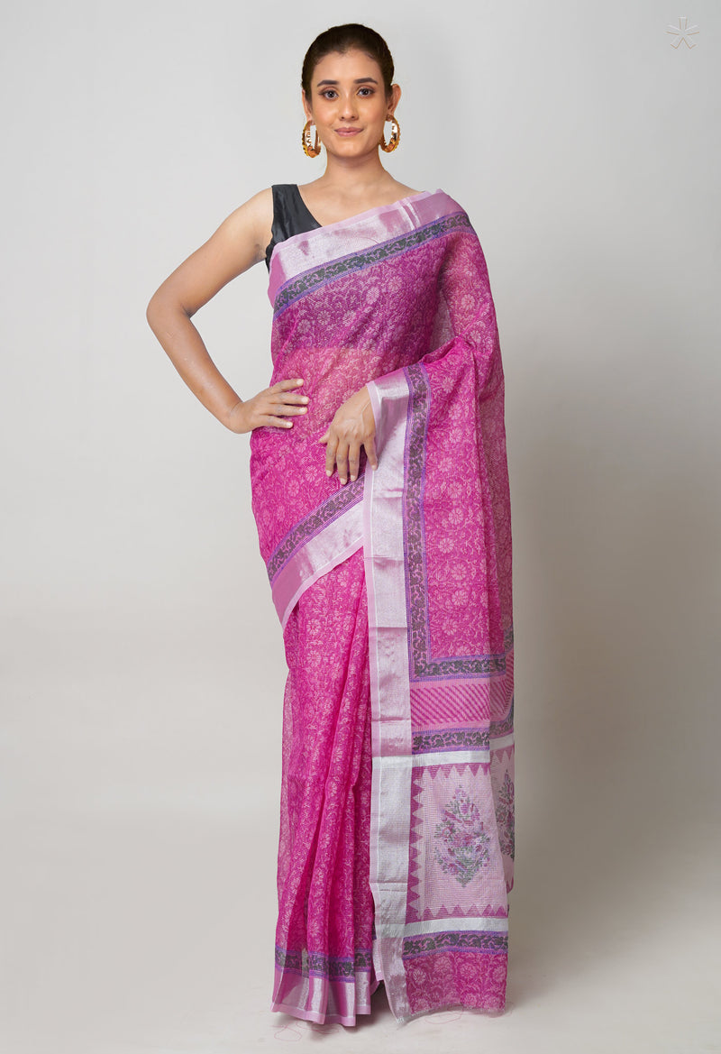 Pink Pure  Block Printed Kota Cotton Saree-UNM73678