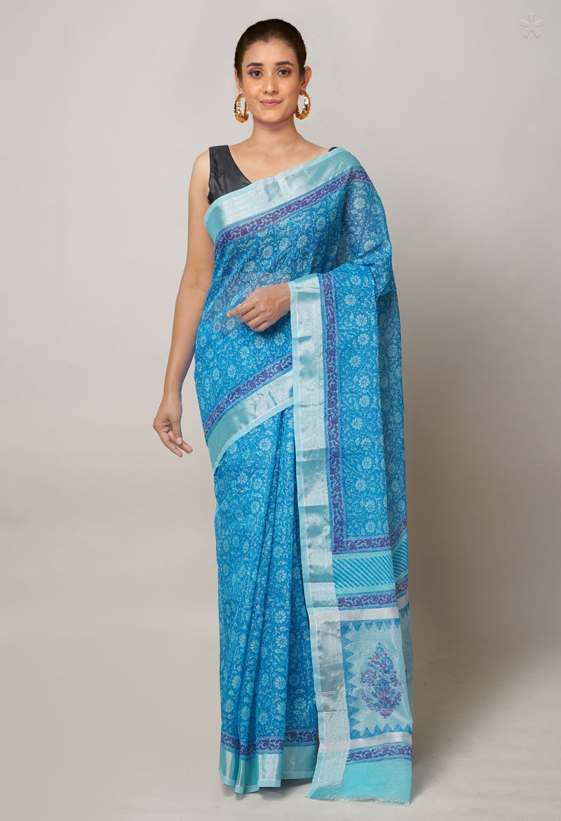 Blue Pure  Block Printed Kota Cotton Saree-UNM73682