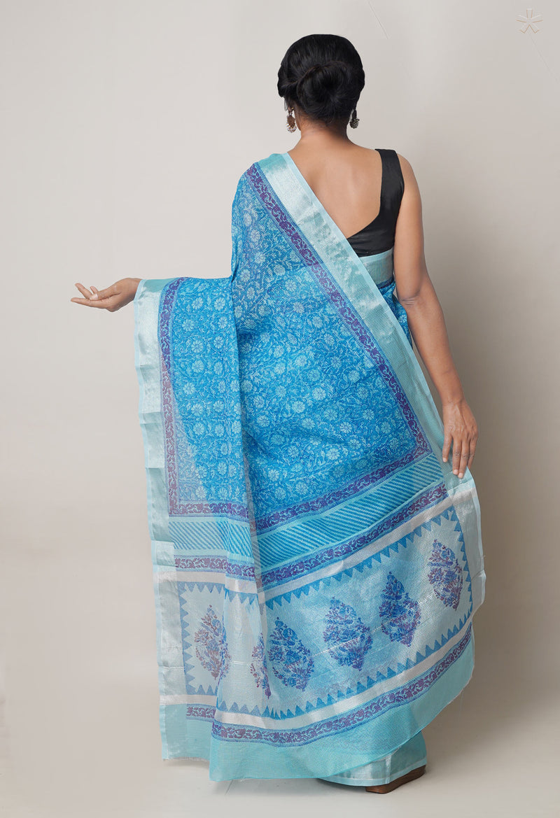Blue Pure  Block Printed Kota Cotton Saree-UNM73682