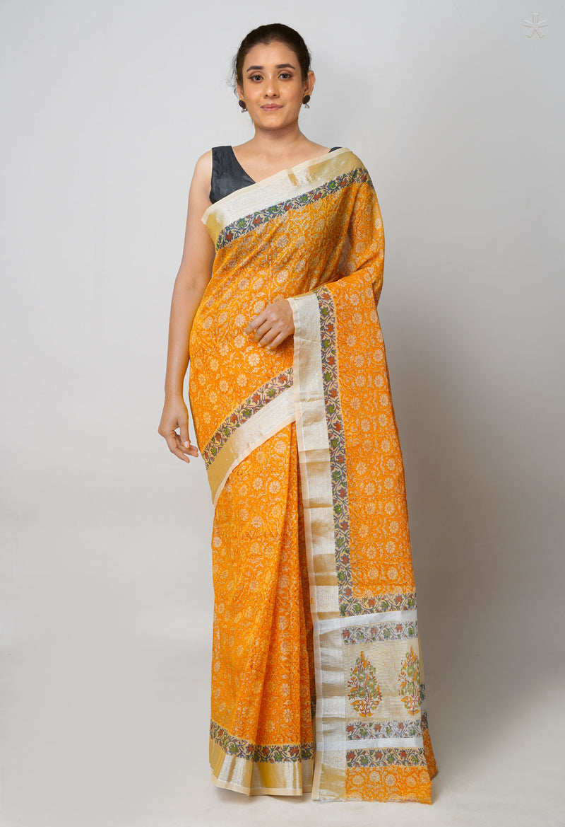 Orange Pure  Block Printed Kota Cotton Saree-UNM73683