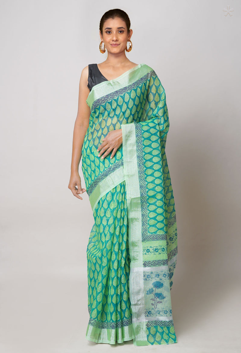 Peacock Blue Pure  Block Printed Kota Cotton Saree-UNM73684