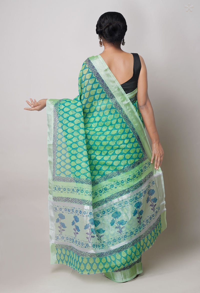 Peacock Blue Pure  Block Printed Kota Cotton Saree-UNM73684