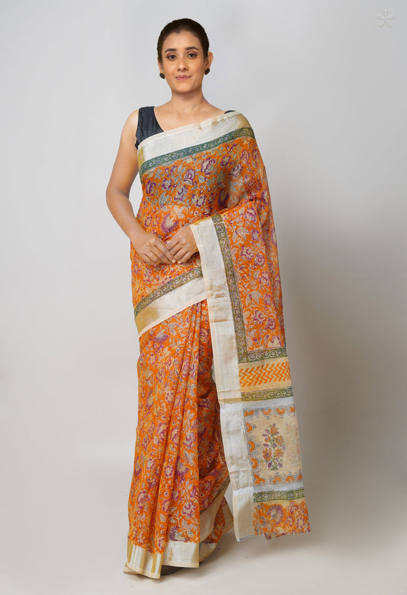 Orange Pure  Block Printed Kota Cotton Saree-UNM73685