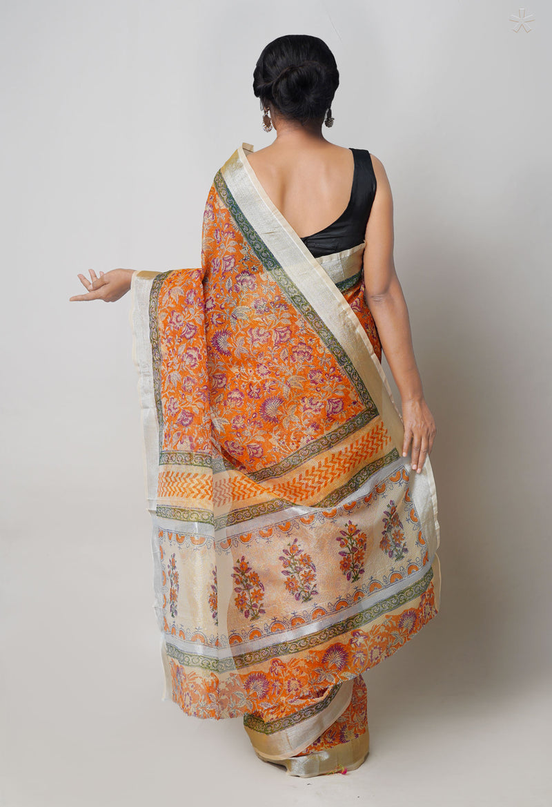 Orange Pure  Block Printed Kota Cotton Saree-UNM73685