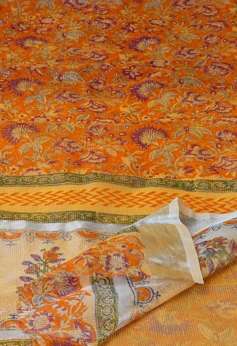 Orange Pure  Block Printed Kota Cotton Saree-UNM73685