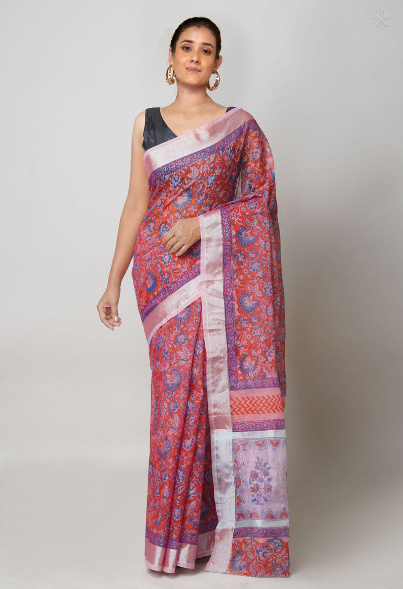 Brick Red Pure  Block Printed Kota Cotton Saree-UNM73686