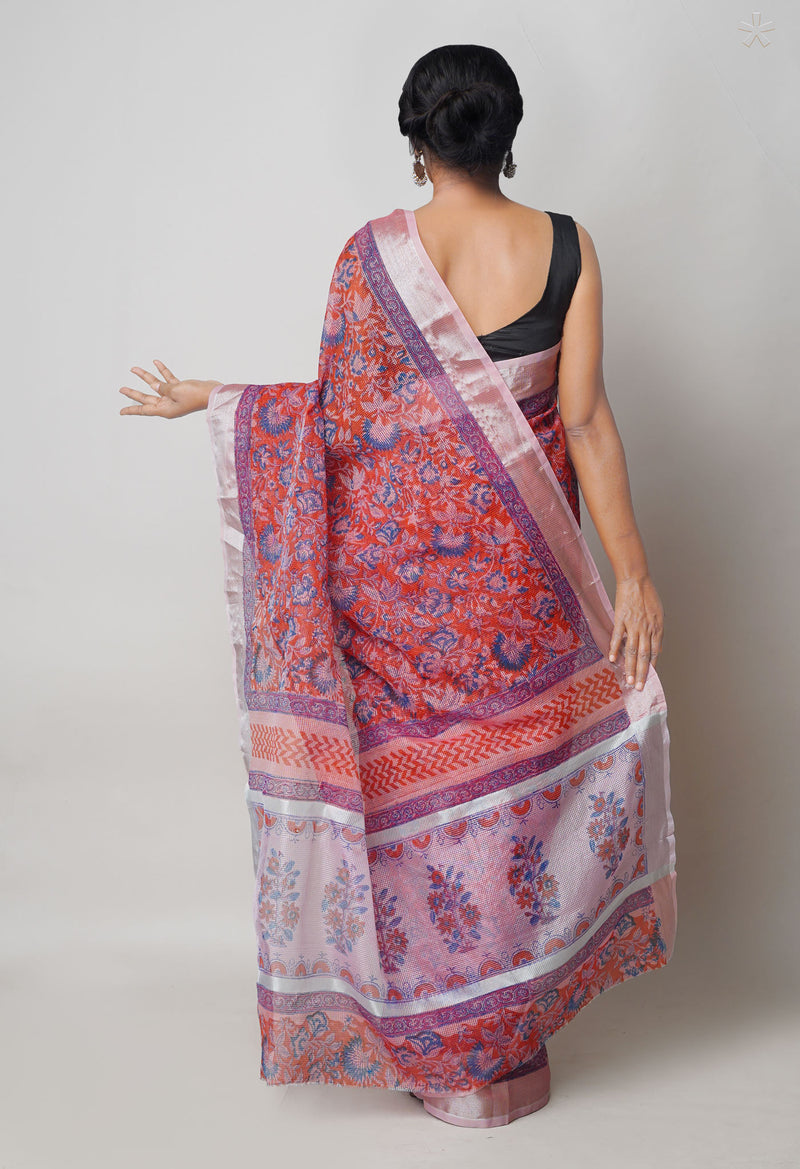 Brick Red Pure  Block Printed Kota Cotton Saree-UNM73686