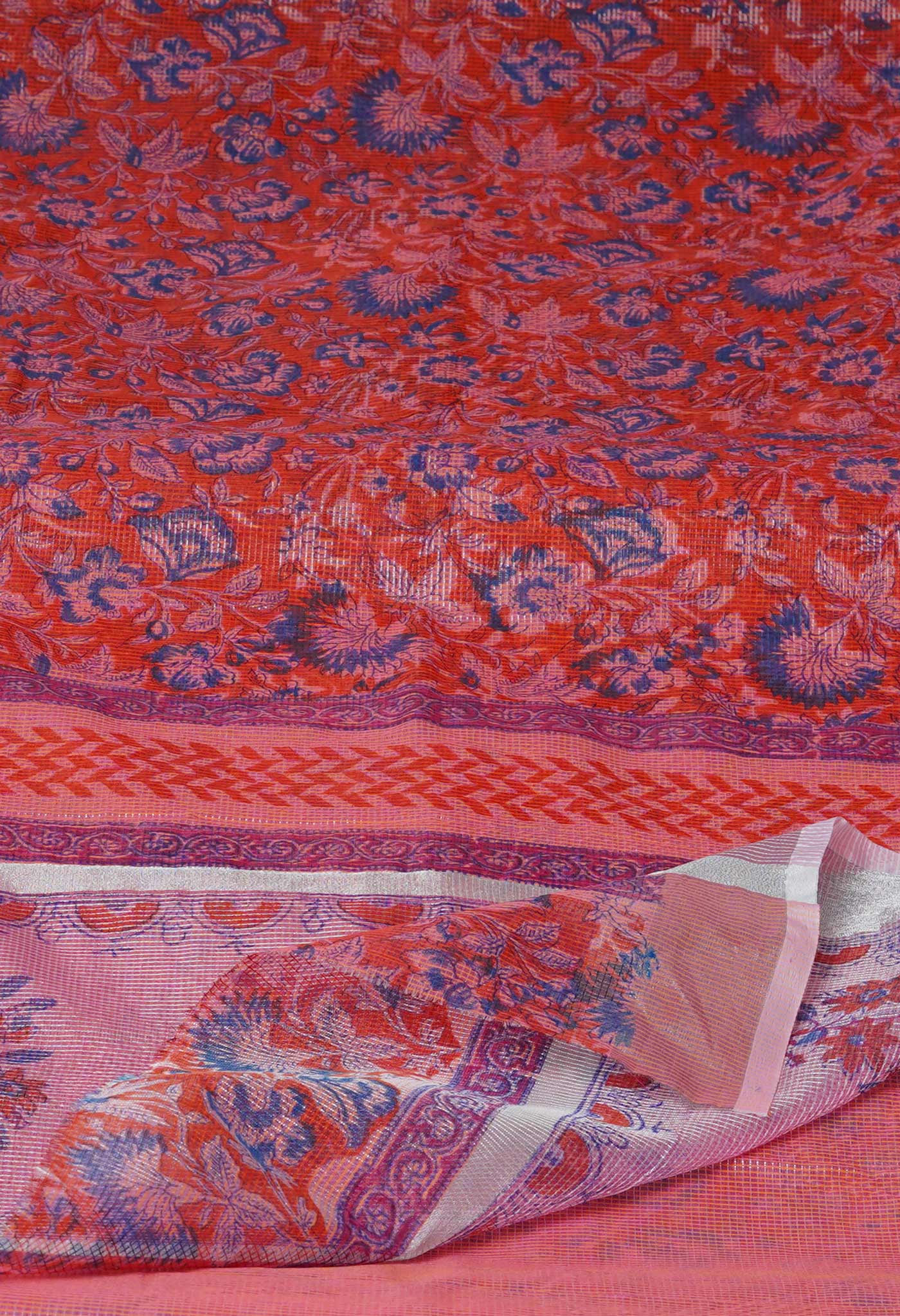 Red Pure Block Printed Kota Cotton Saree