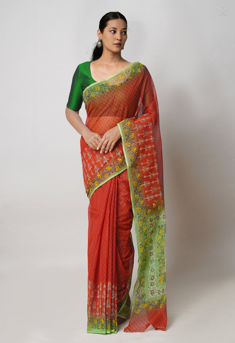 Cinnamon Brown  Pure Dyed Printed Kota Cotton Cotton Saree-UNM73739