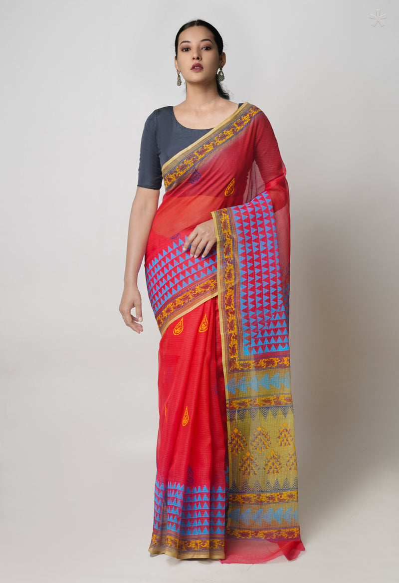 Red  Pure Dyed Printed Kota Cotton Cotton Saree-UNM73748