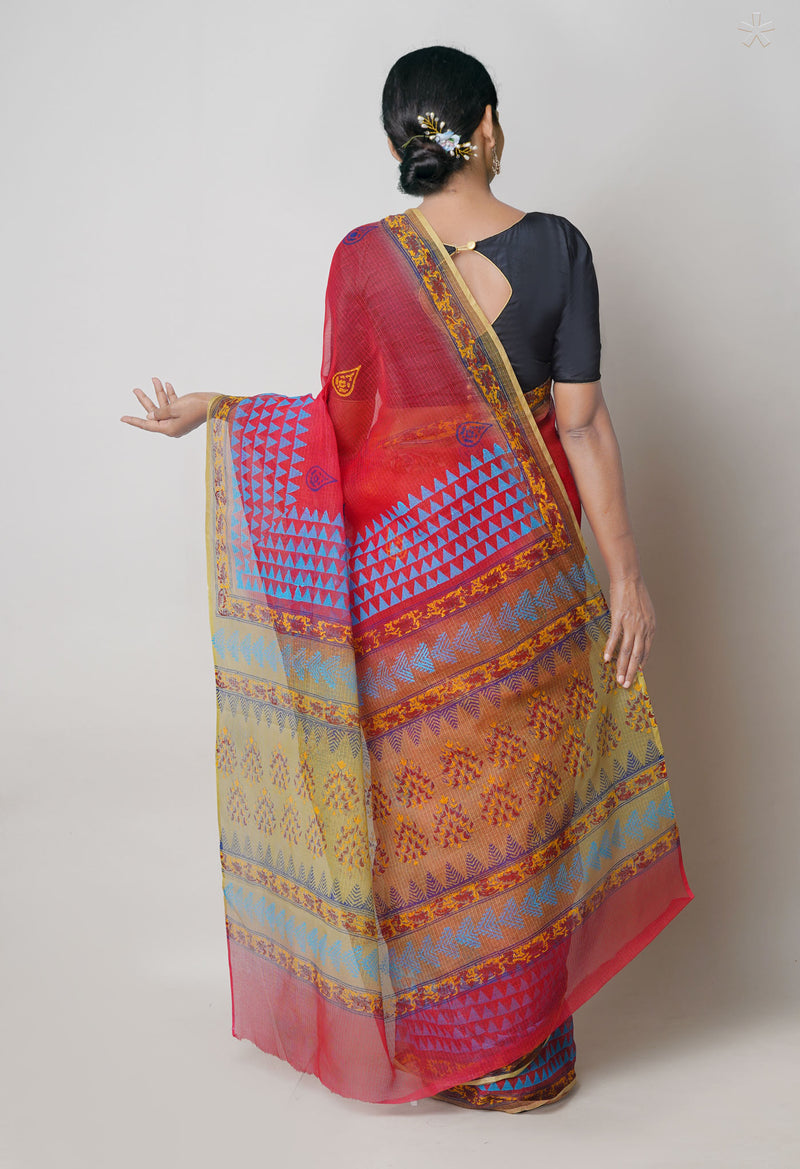 Red  Pure Dyed Printed Kota Cotton Cotton Saree-UNM73748