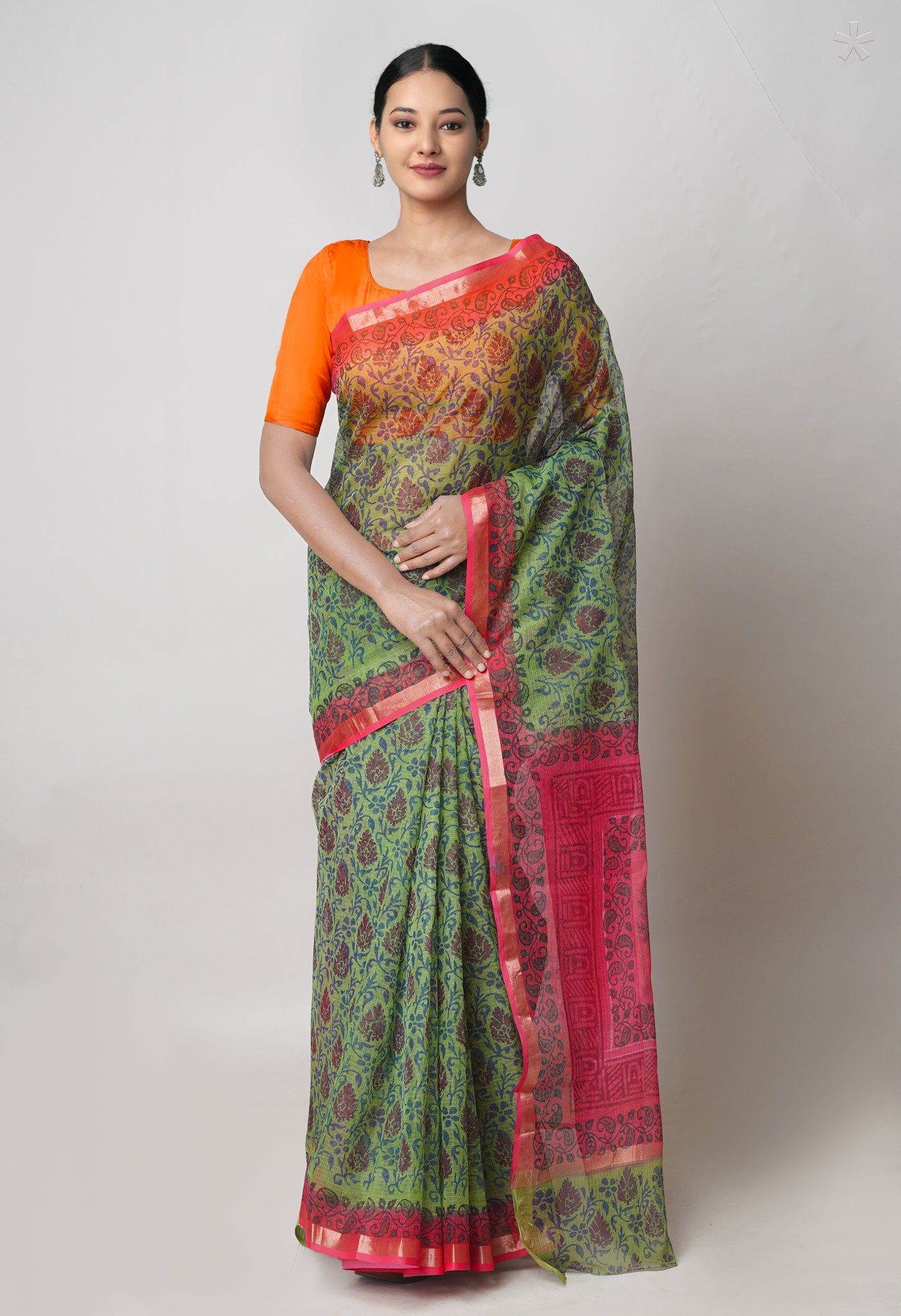 Green Pure Dyed Printed Kota  Cotton Saree