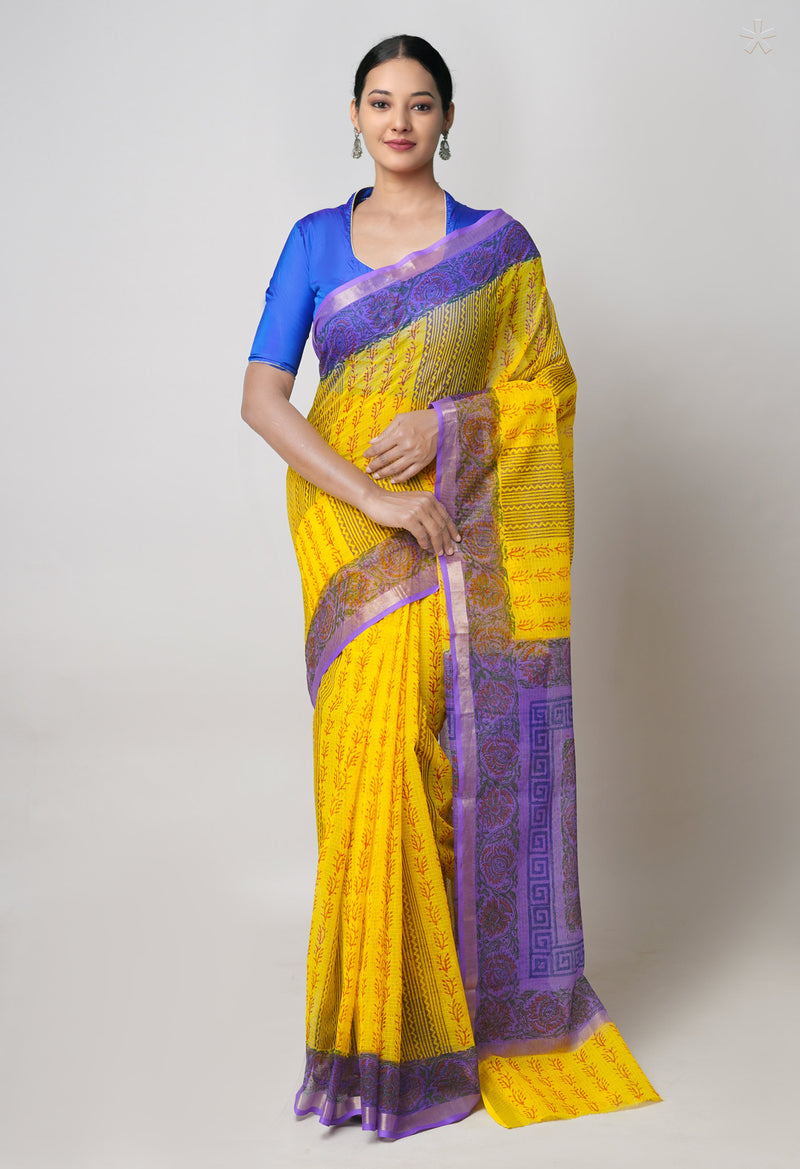 Yellow  Pure Dyed Printed Kota Cotton Cotton Saree-UNM73753