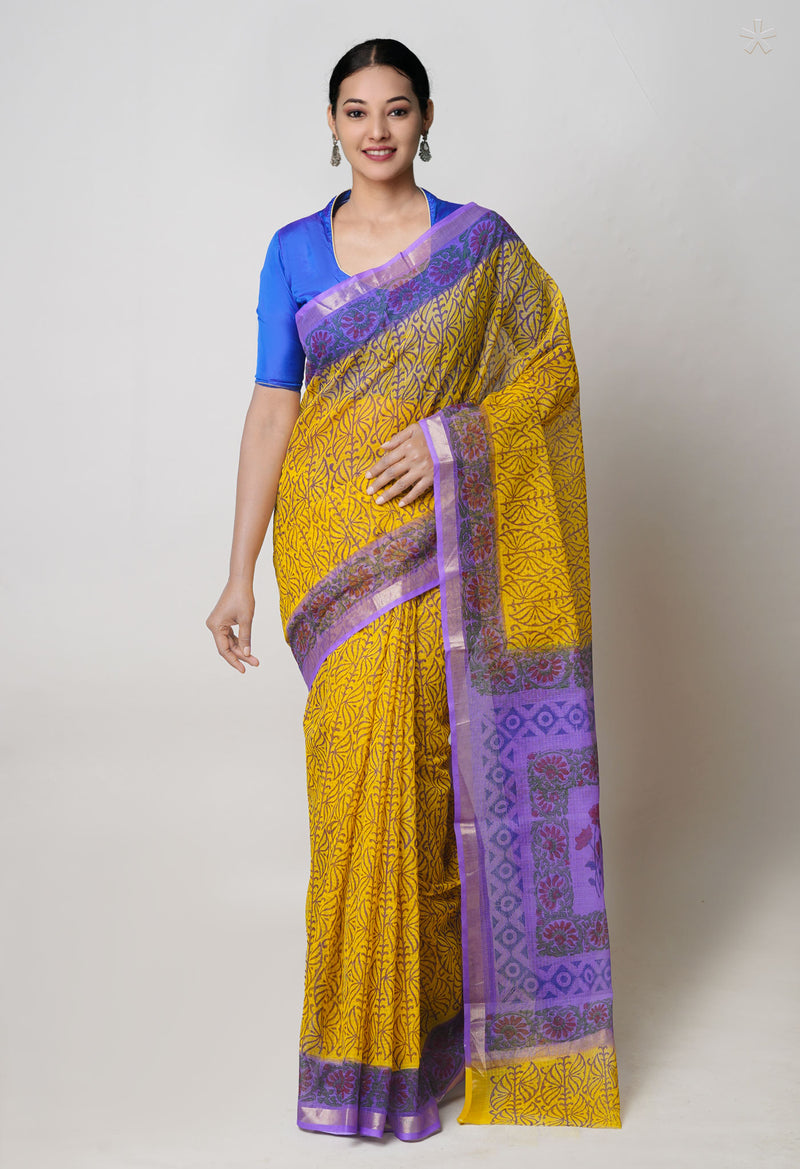 Yellow  Pure Dyed Printed Kota Cotton Cotton Saree-UNM73757