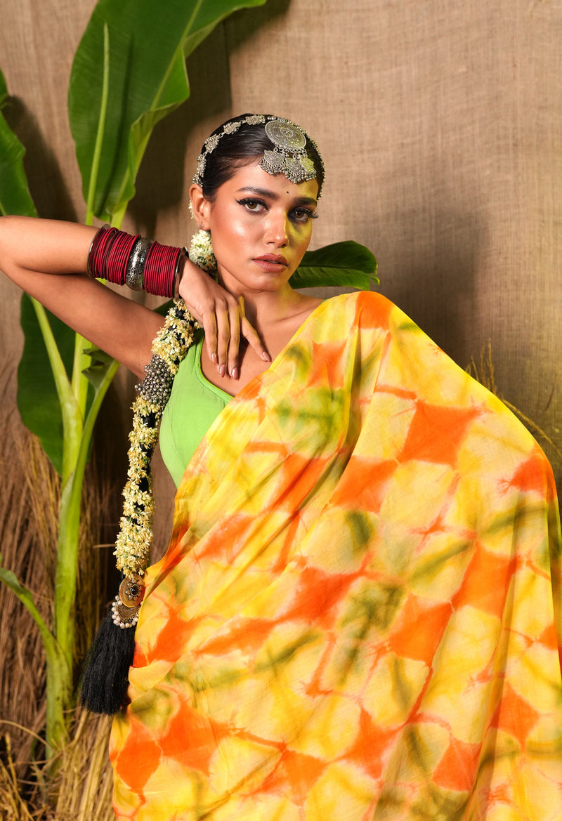 Multi Pure  Shibori Printed Superfine Mulmul Cotton Saree-UNM73785