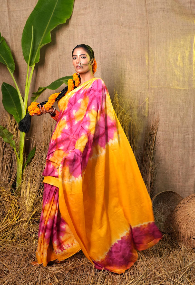 Multi Pure  Shibori Printed Superfine Mulmul Cotton Saree-UNM73786