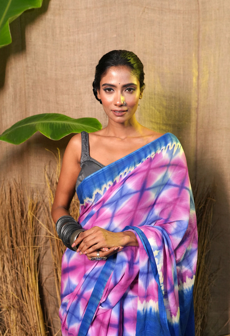 Multi Pure  Shibori Printed Superfine Mulmul Cotton Saree-UNM73790