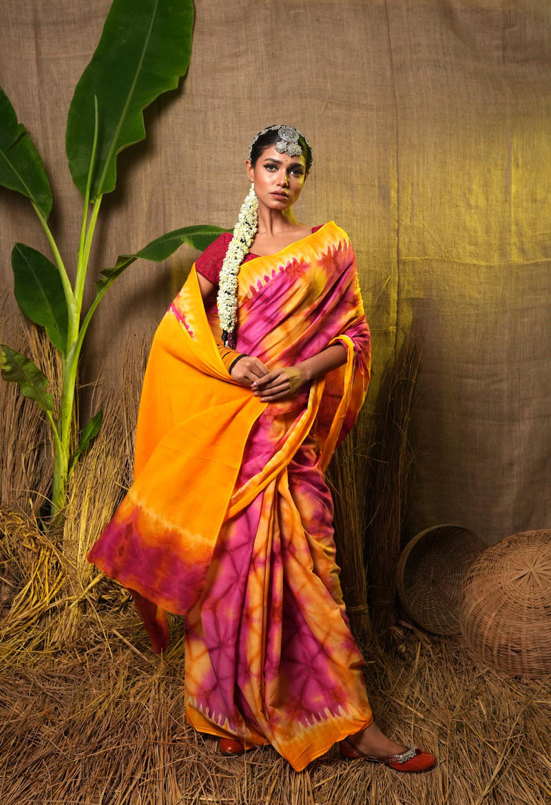 Multi Pure  Shibori Printed Superfine Mulmul Cotton Saree-UNM73810