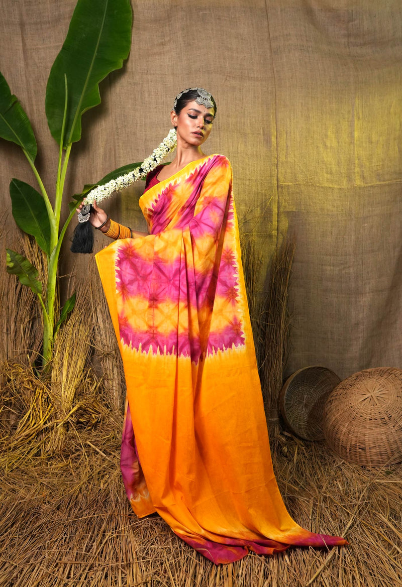 Multi Pure  Shibori Printed Superfine Mulmul Cotton Saree-UNM73810