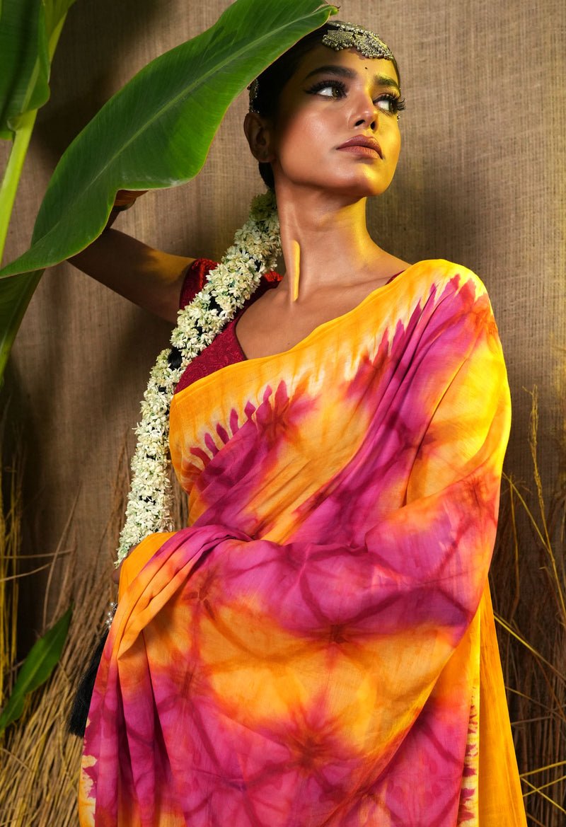 Multi Pure  Shibori Printed Superfine Mulmul Cotton Saree-UNM73810
