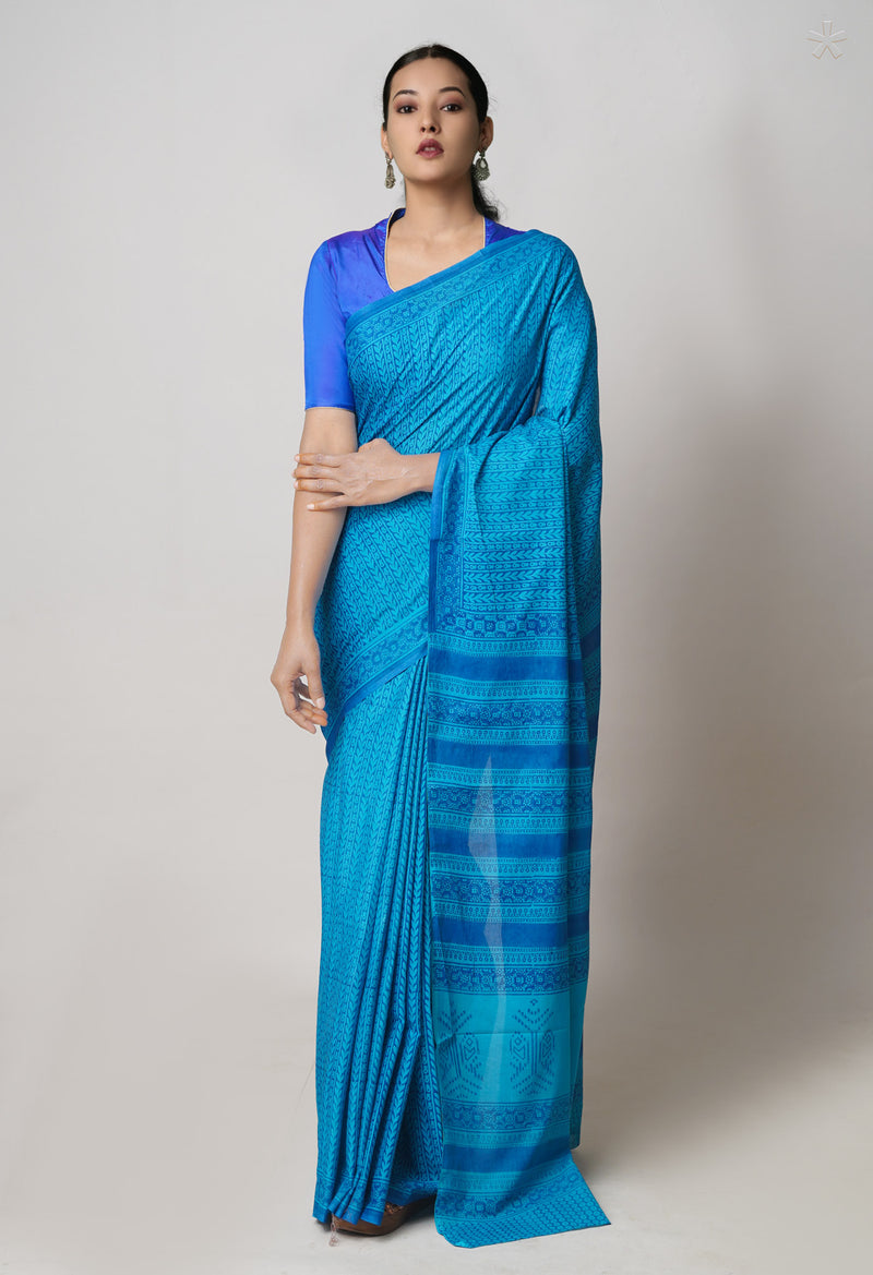 Blue Pure  Block Printed Superfine Mulmul Cotton Saree-UNM73846