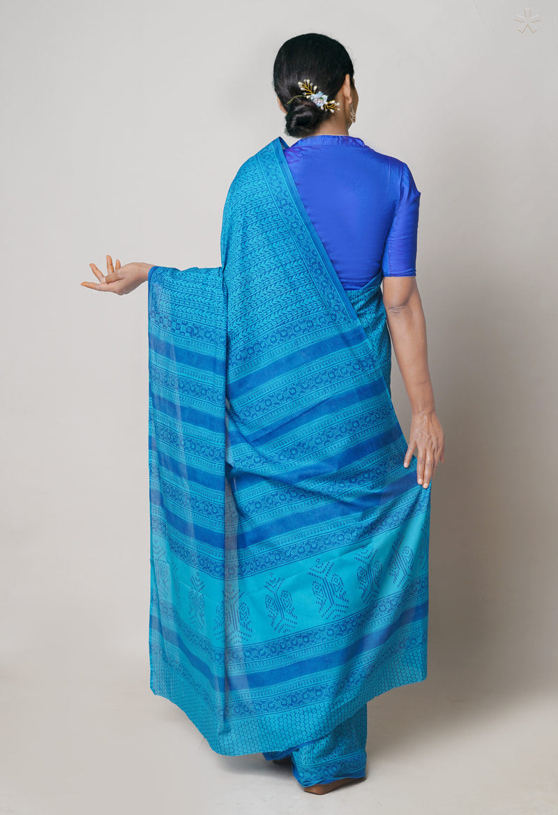 Blue Pure  Block Printed Superfine Mulmul Cotton Saree-UNM73846