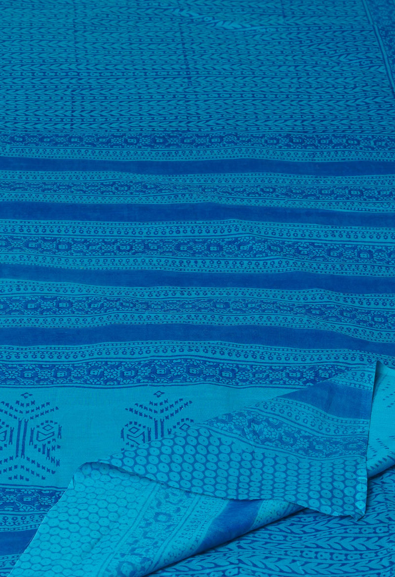 Blue Pure  Block Printed Superfine Mulmul Cotton Saree-UNM73846