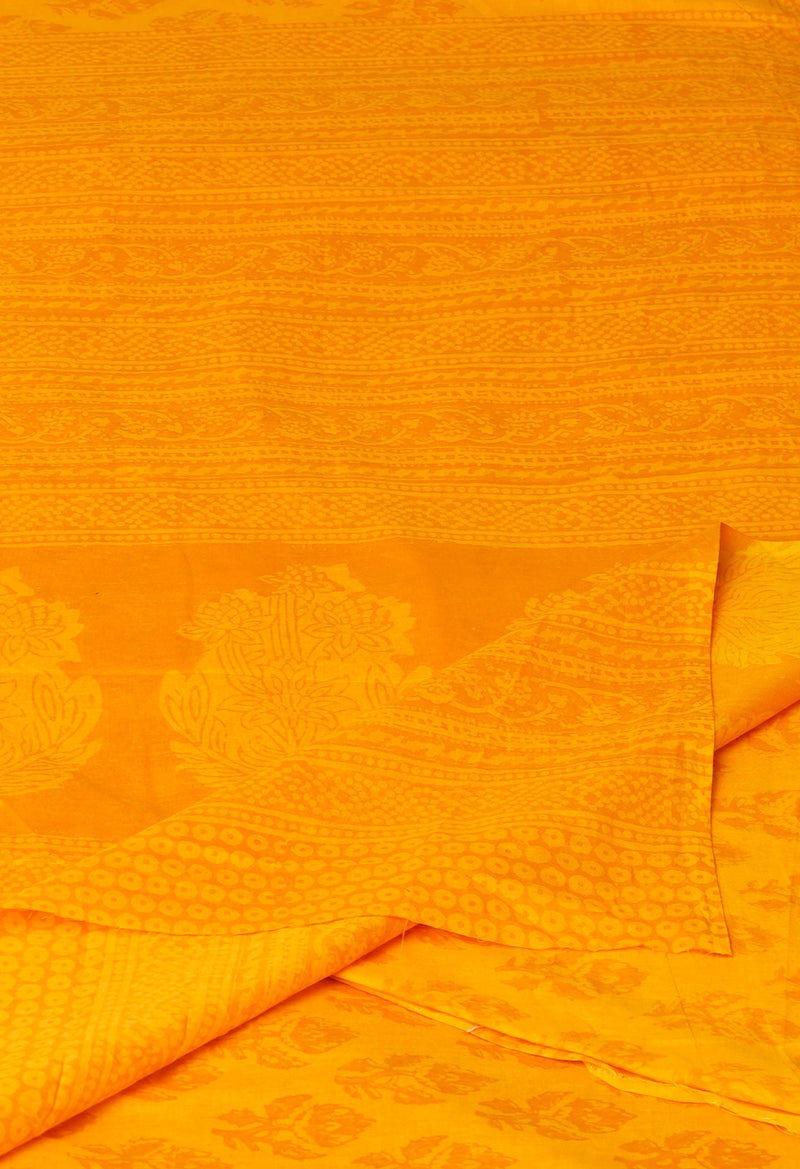 Yellow Pure  Block Printed Superfine Mulmul Cotton Saree-UNM73847